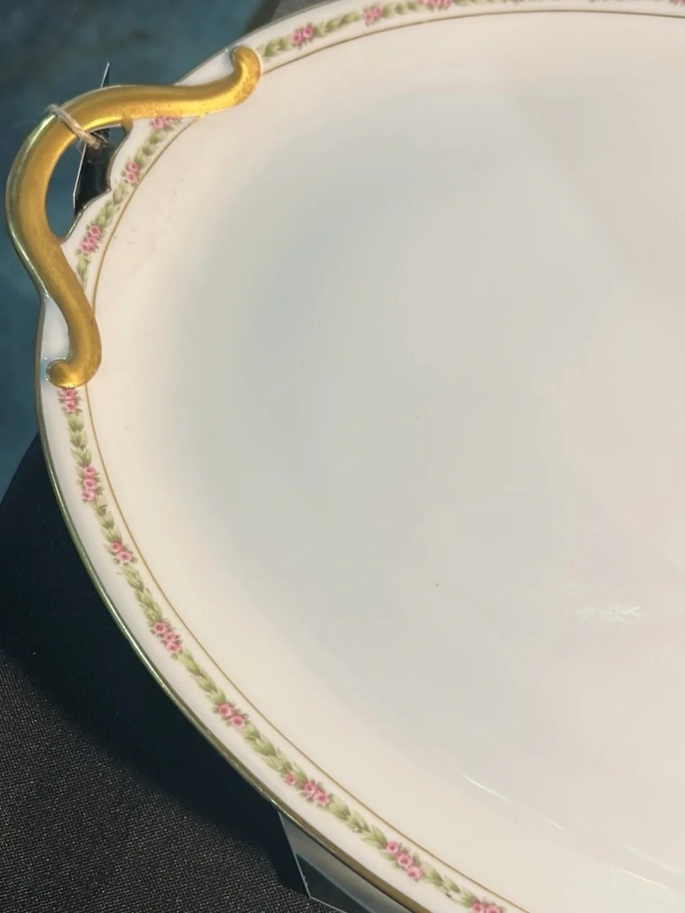 French Limoges Porcelain Serving Platter with Gold Handles and Floral Rim